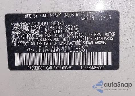 2016 Subaru Impreza 2.0I Premium from USA, damaged, VIN JF1GJAB62GH005687